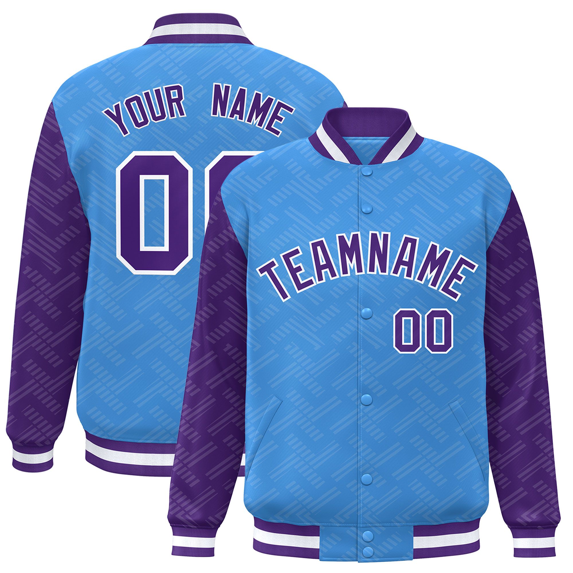 Custom Powder Blue Purple L Pattern Varsity Raglan Sleeves Full-Snap Letterman Baseball Jacket