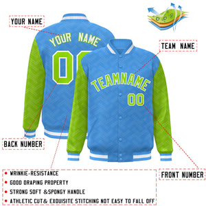 Custom Powder Blue Neon Green L Pattern Varsity Raglan Sleeves Full-Snap Letterman Baseball Jacket