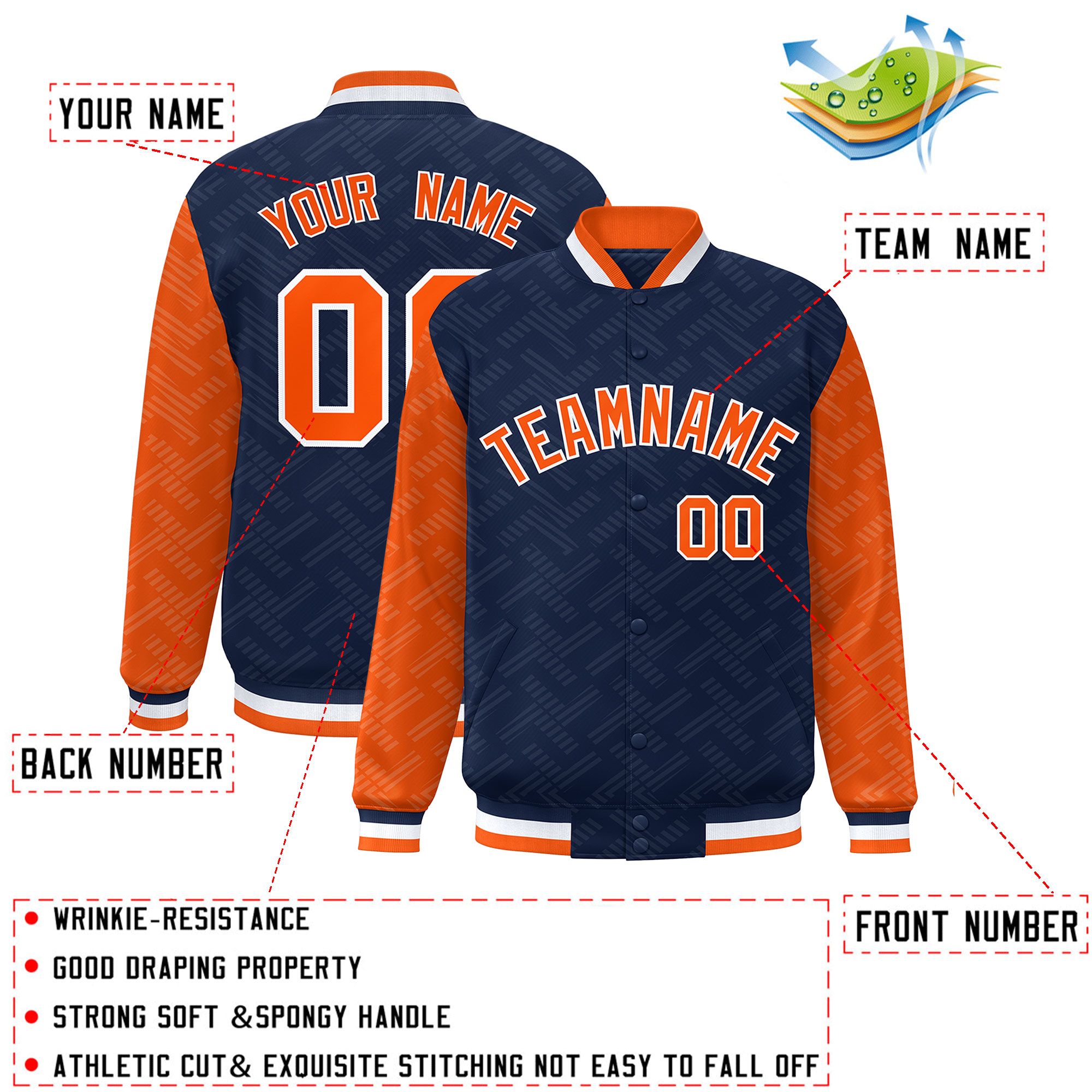 Custom Navy Orange L Pattern Varsity Raglan Sleeves Full-Snap Letterman Baseball Jacket