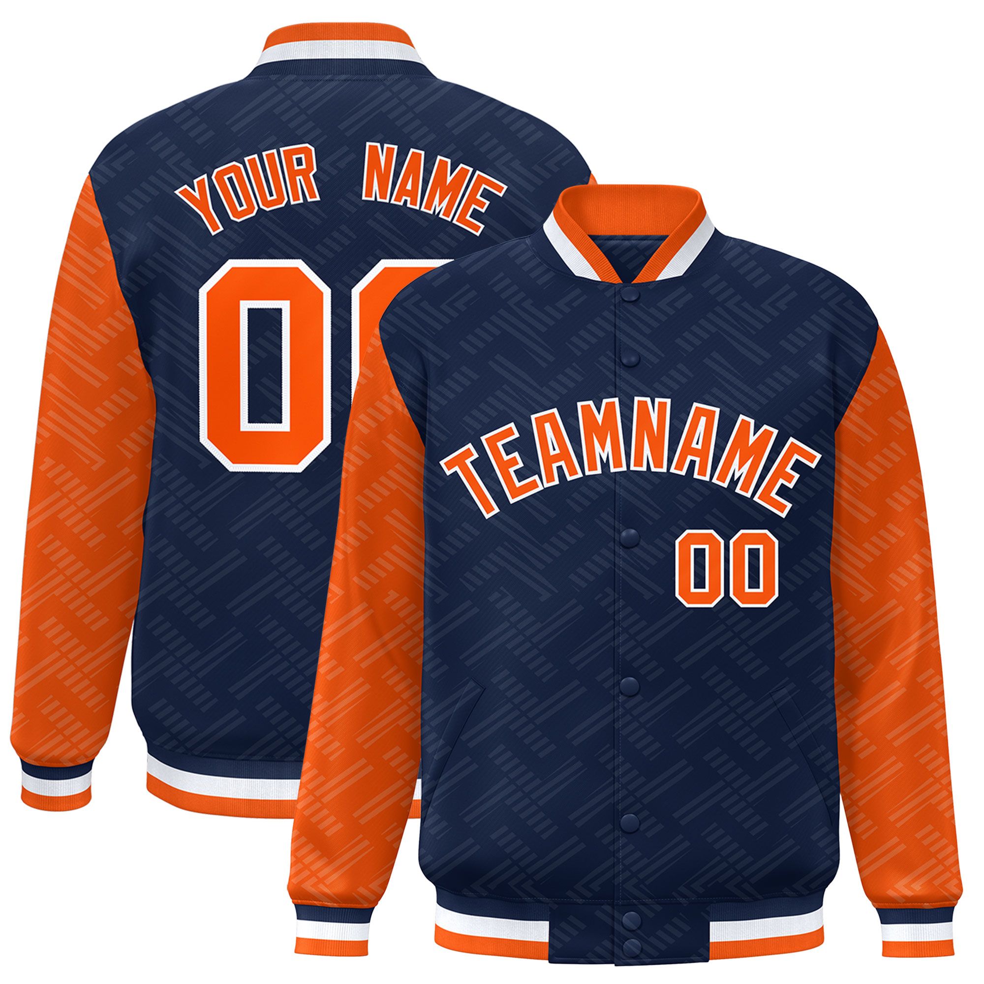 Custom Navy Orange L Pattern Varsity Raglan Sleeves Full-Snap Letterman Baseball Jacket