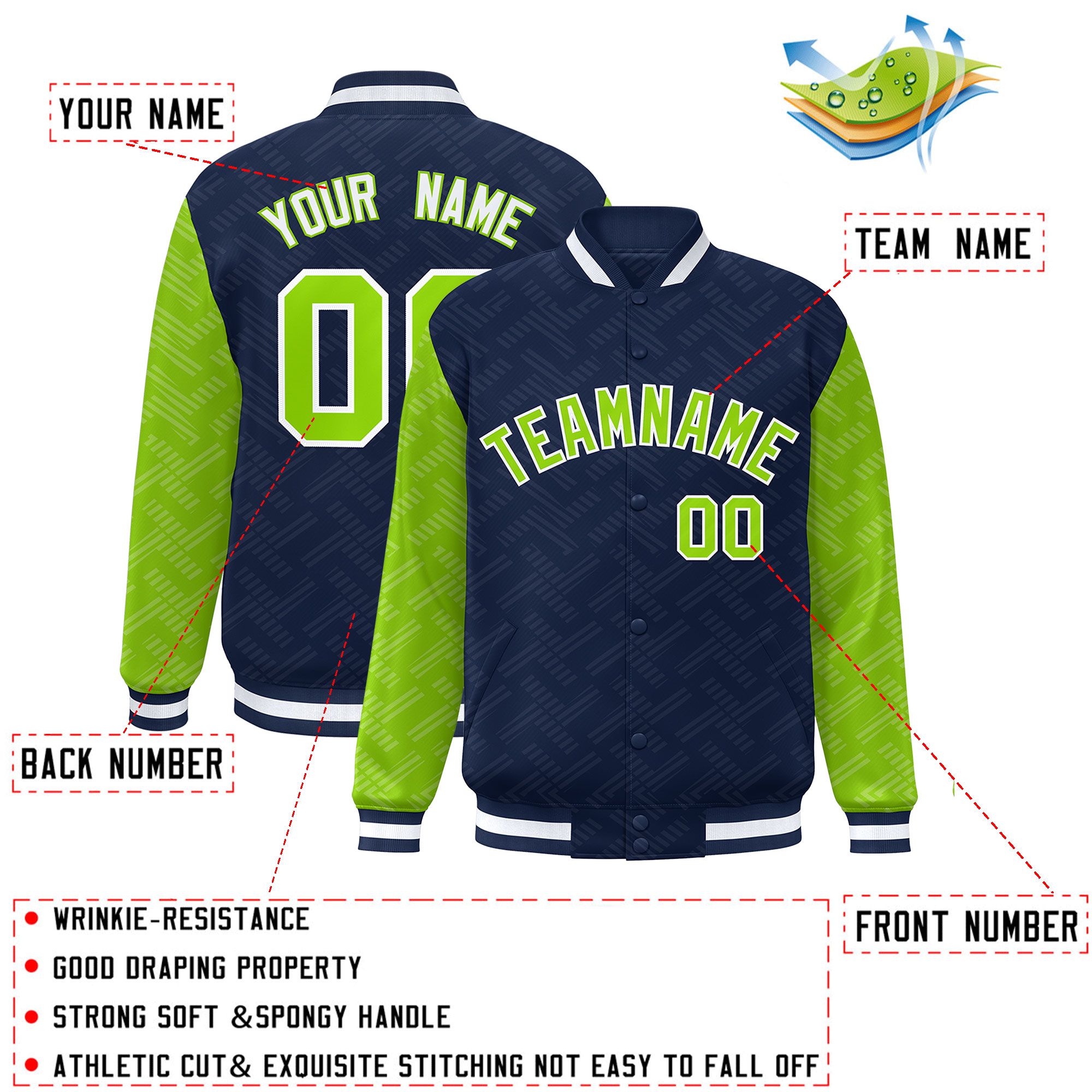 Custom Navy Neon Green L Pattern Varsity Raglan Sleeves Full-Snap Letterman Baseball Jacket