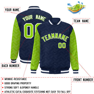 Custom Navy Neon Green L Pattern Varsity Raglan Sleeves Full-Snap Letterman Baseball Jacket