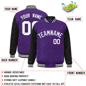 Custom Purple Black L Pattern Varsity Raglan Sleeves Full-Snap Letterman Baseball Jacket