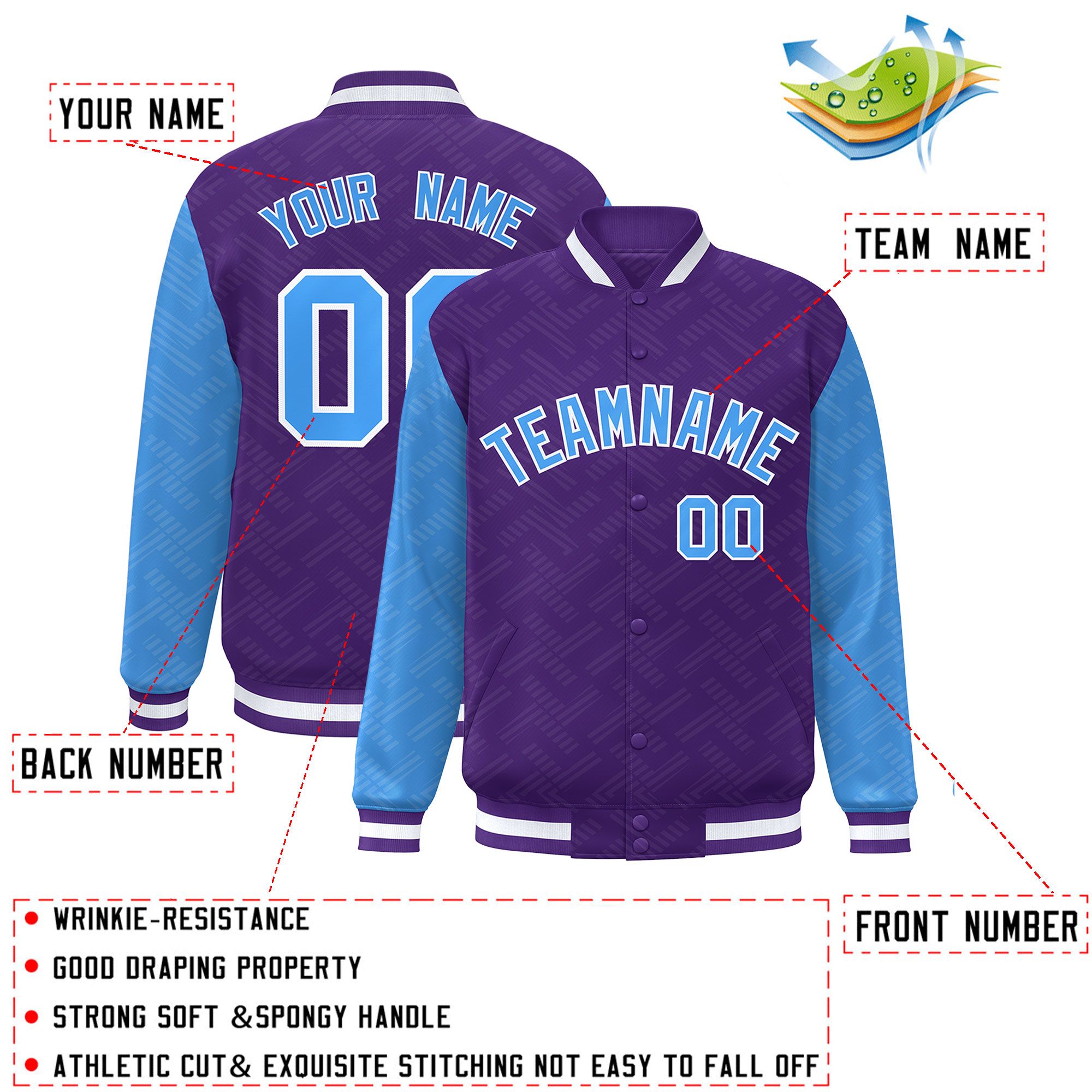 Custom Purple Powder Blue L Pattern Varsity Raglan Sleeves Full-Snap Letterman Baseball Jacket