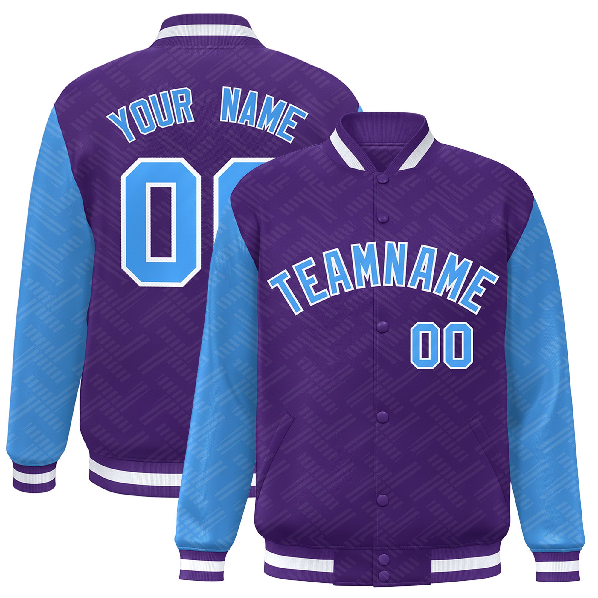 Custom Purple Powder Blue L Pattern Varsity Raglan Sleeves Full-Snap Letterman Baseball Jacket