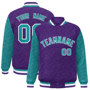 Custom Purple Aqua L Pattern Varsity Raglan Sleeves Full-Snap Letterman Baseball Jacket