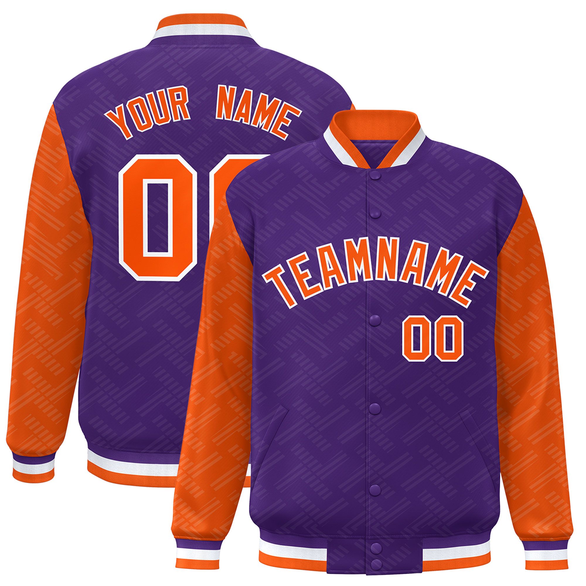 Custom Purple Orange L Pattern Varsity Raglan Sleeves Full-Snap Letterman Baseball Jacket