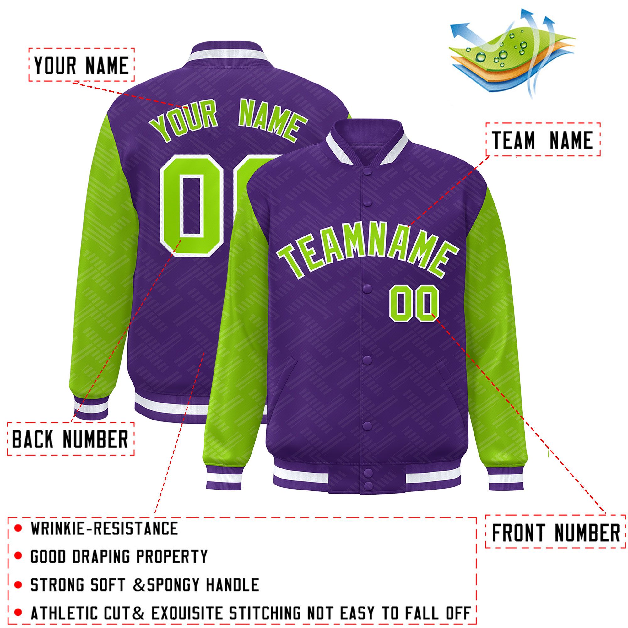 Custom Purple Neon Green L Pattern Varsity Raglan Sleeves Full-Snap Letterman Baseball Jacket