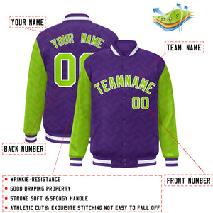 Custom Purple Neon Green L Pattern Varsity Raglan Sleeves Full-Snap Letterman Baseball Jacket