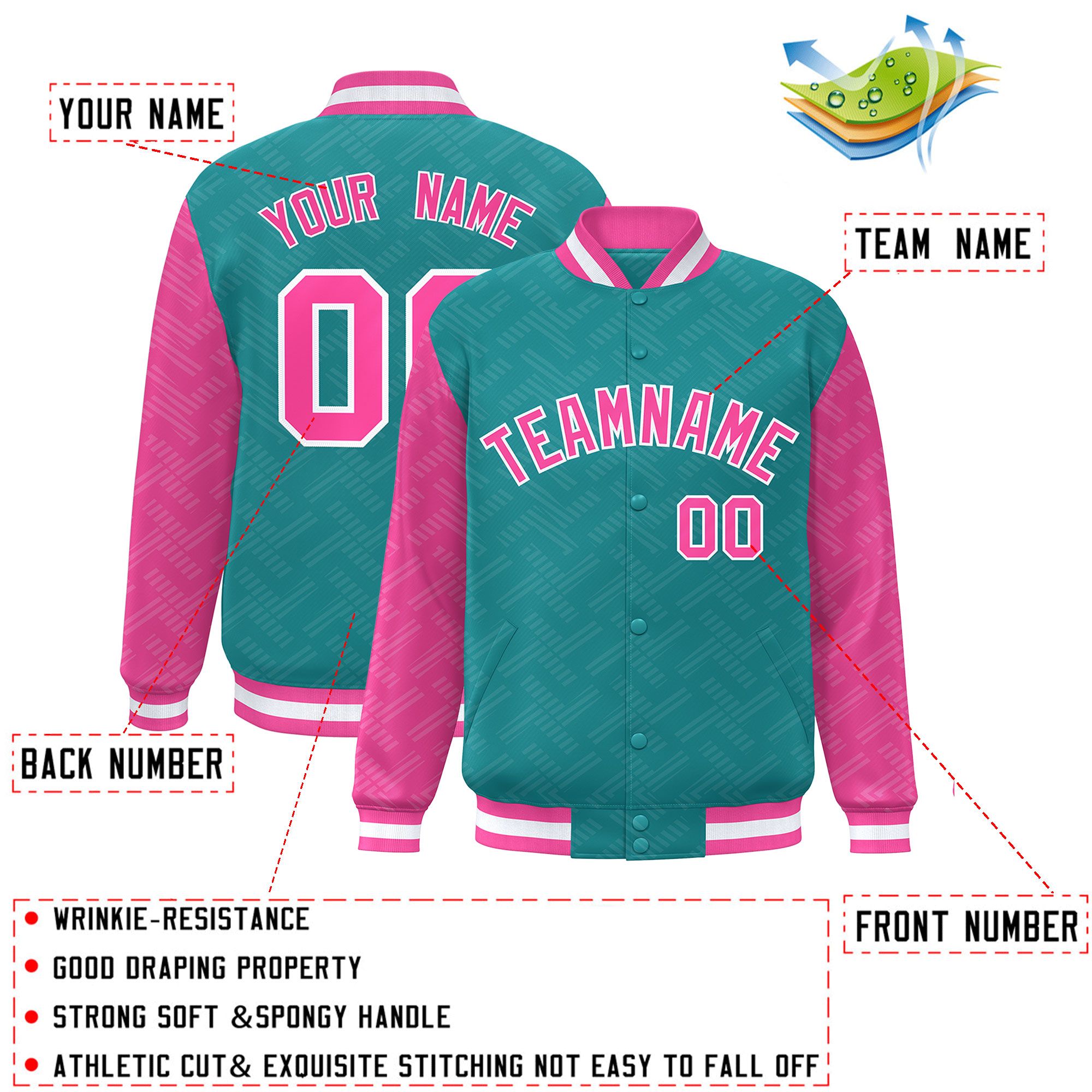 Custom Aqua Pink L Pattern Varsity Raglan Sleeves Full-Snap Letterman Baseball Jacket