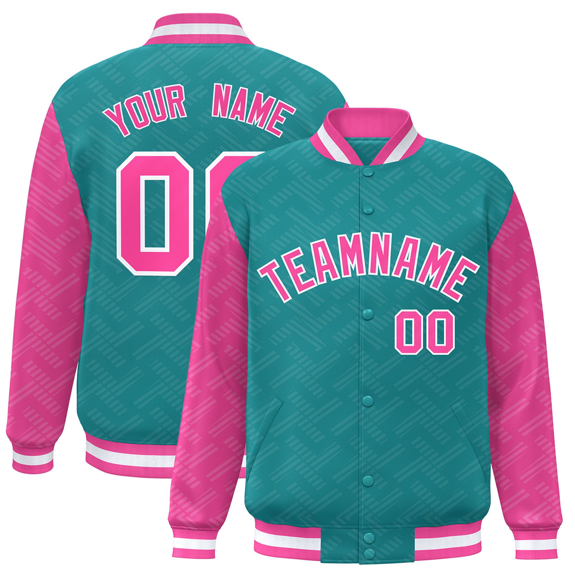 Custom Aqua Pink L Pattern Varsity Raglan Sleeves Full-Snap Letterman Baseball Jacket