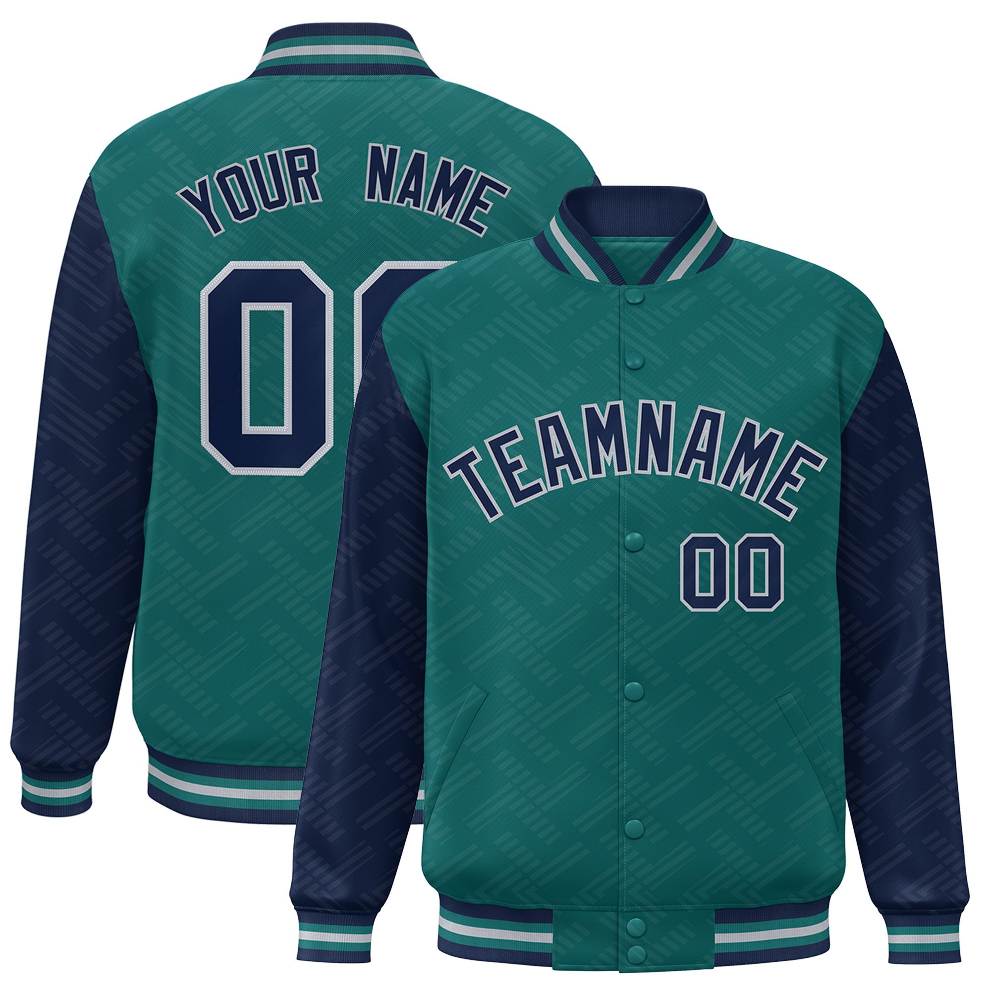 Custom Aqua Navy L Pattern Varsity Raglan Sleeves Full-Snap Letterman Baseball Jacket