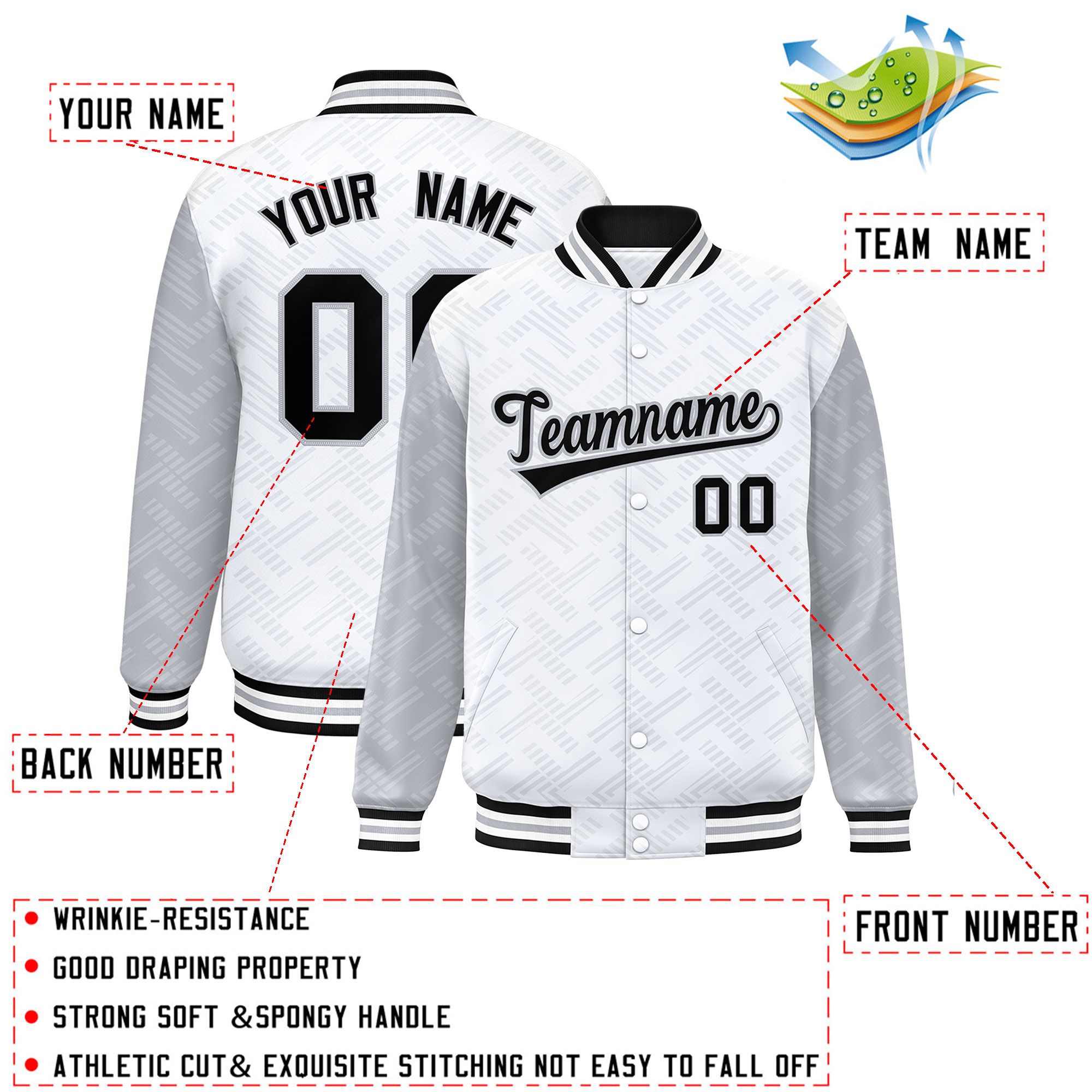 Custom White Gray L Pattern Varsity Raglan Sleeves Full-Snap Letterman Baseball Jacket