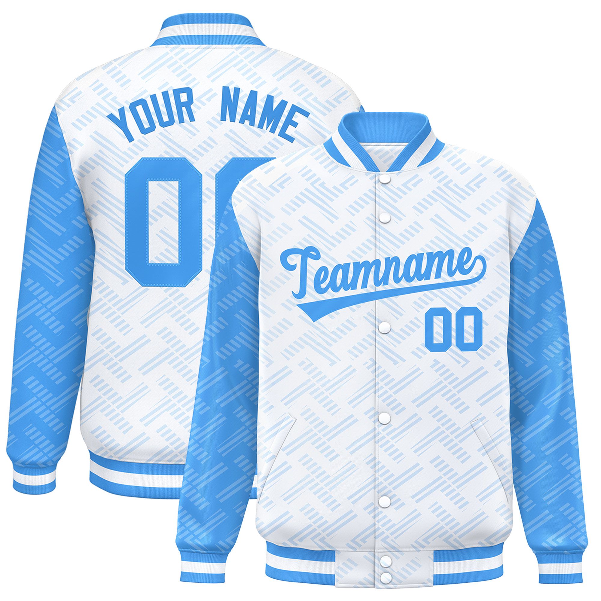 Custom White Powder Blue L Pattern Varsity Raglan Sleeves Full-Snap Letterman Baseball Jacket