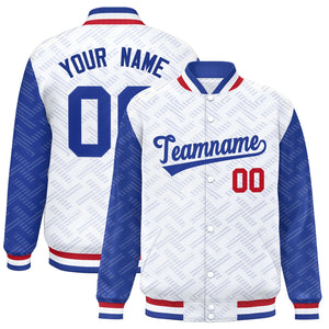 Custom White Royal L Pattern Varsity Raglan Sleeves Full-Snap Letterman Baseball Jacket