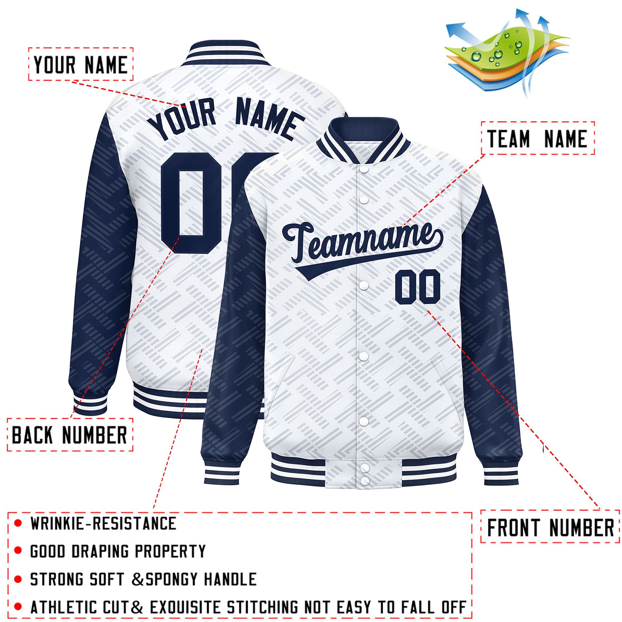 Custom White Navy L Pattern Varsity Raglan Sleeves Full-Snap Letterman Baseball Jacket