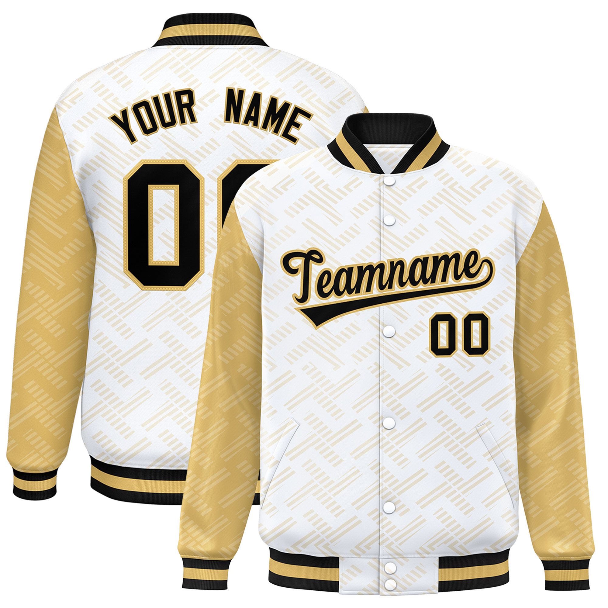 Custom White Old Gold L Pattern Varsity Raglan Sleeves Full-Snap Letterman Baseball Jacket