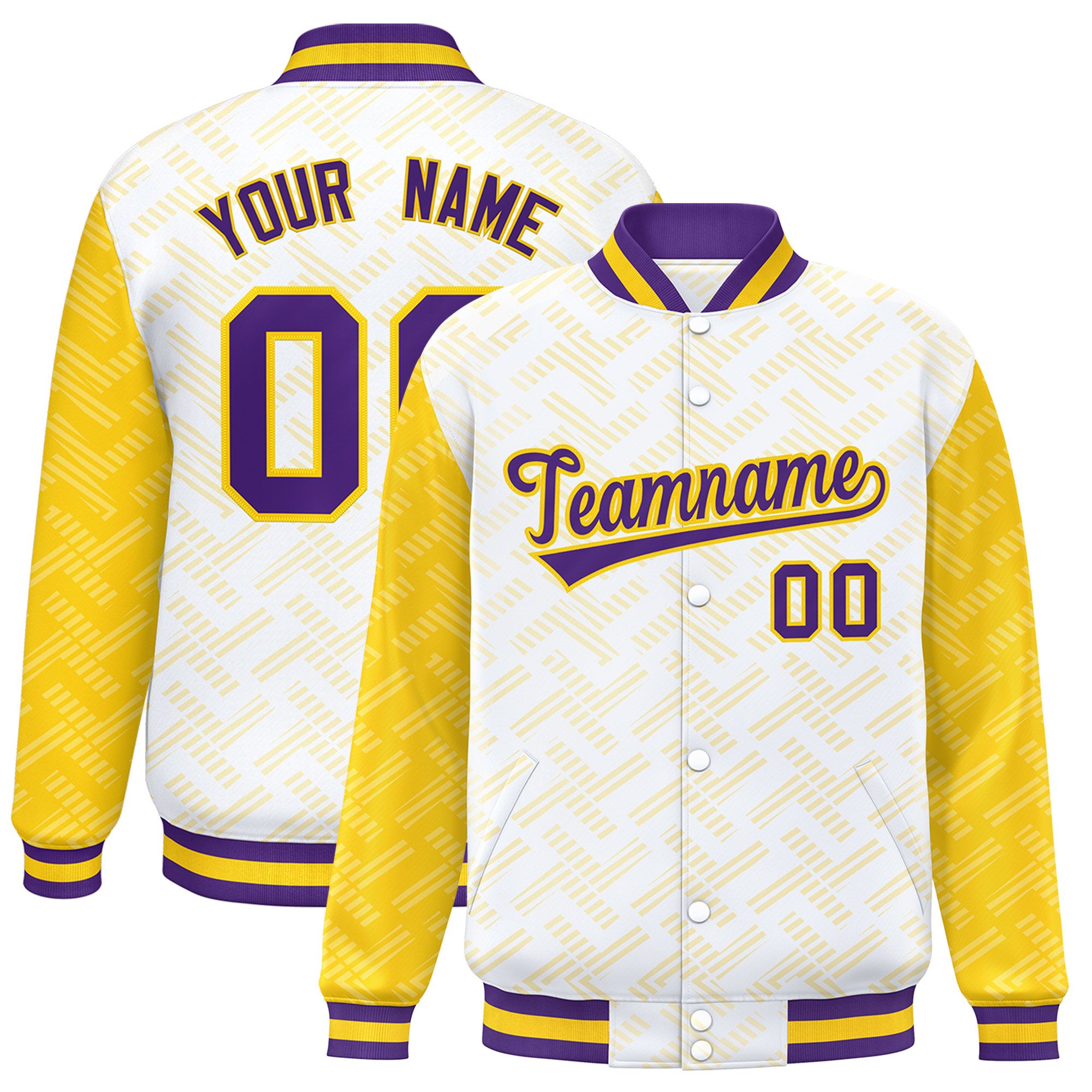 Custom White Gold L Pattern Varsity Raglan Sleeves Full-Snap Letterman Baseball Jacket