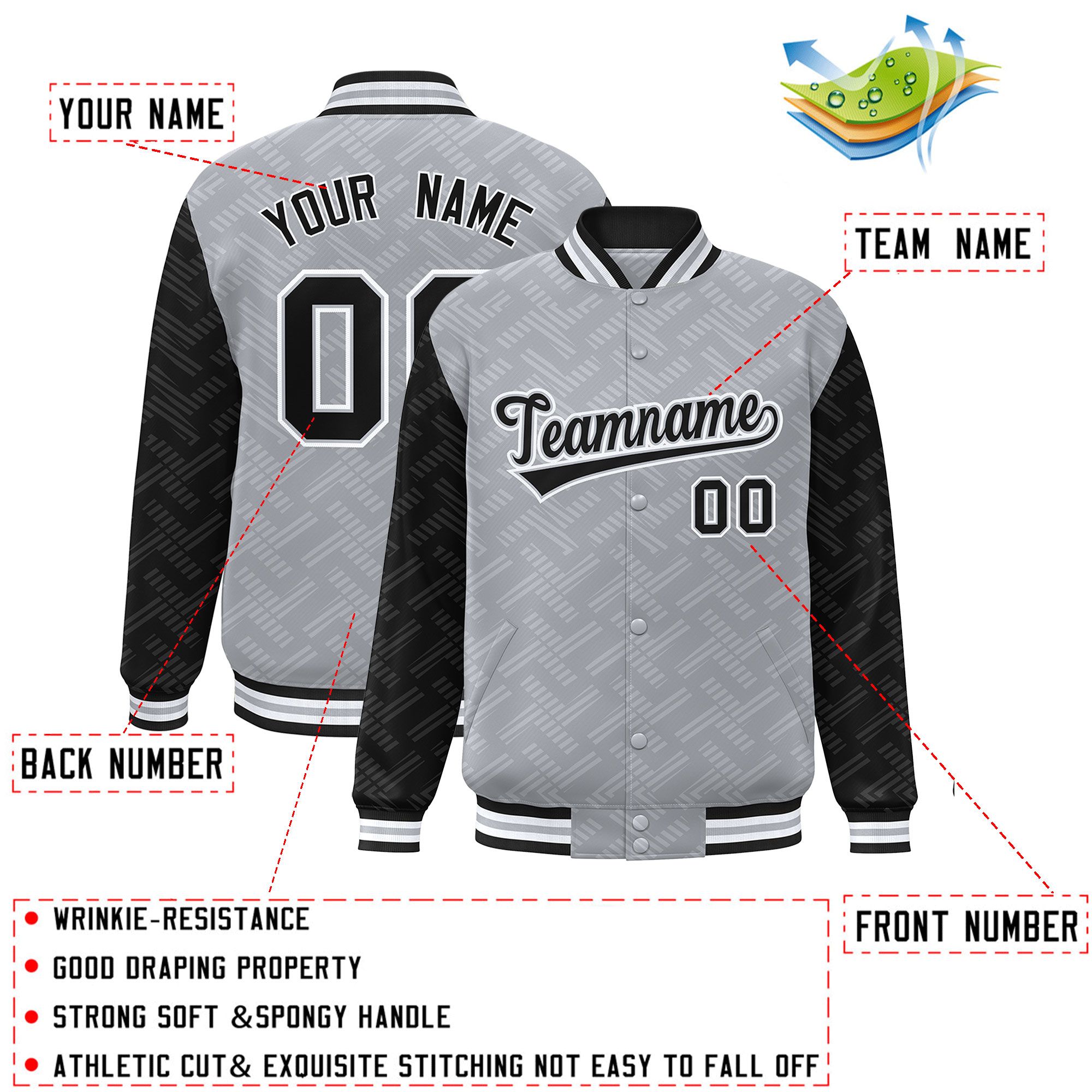 Custom Gray Black L Pattern Varsity Raglan Sleeves Full-Snap Letterman Baseball Jacket