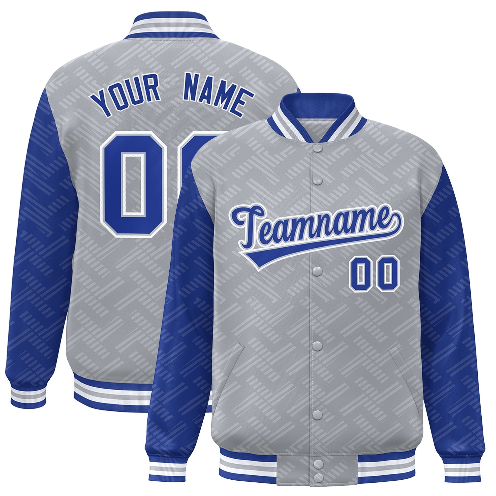 Custom Gray Royal L Pattern Varsity Raglan Sleeves Full-Snap Letterman Baseball Jacket