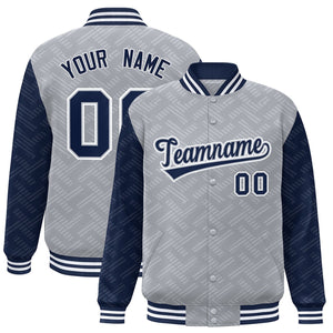 Custom Gray Navy L Pattern Varsity Raglan Sleeves Full-Snap Letterman Baseball Jacket