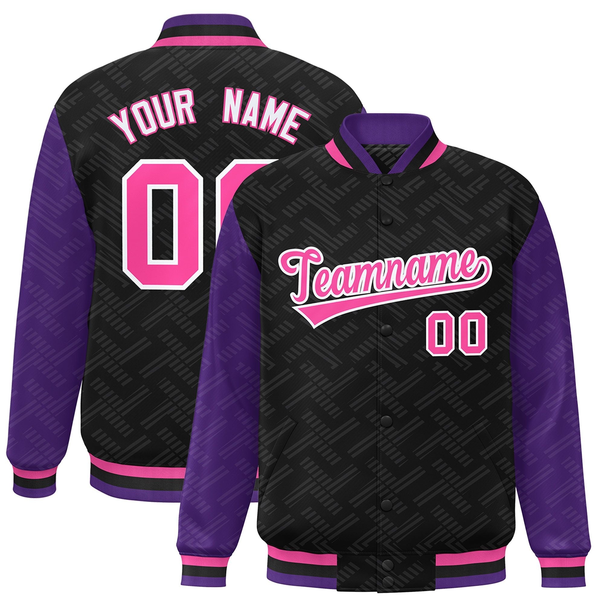 Custom Black Purple L Pattern Varsity Raglan Sleeves Full-Snap Letterman Baseball Jacket