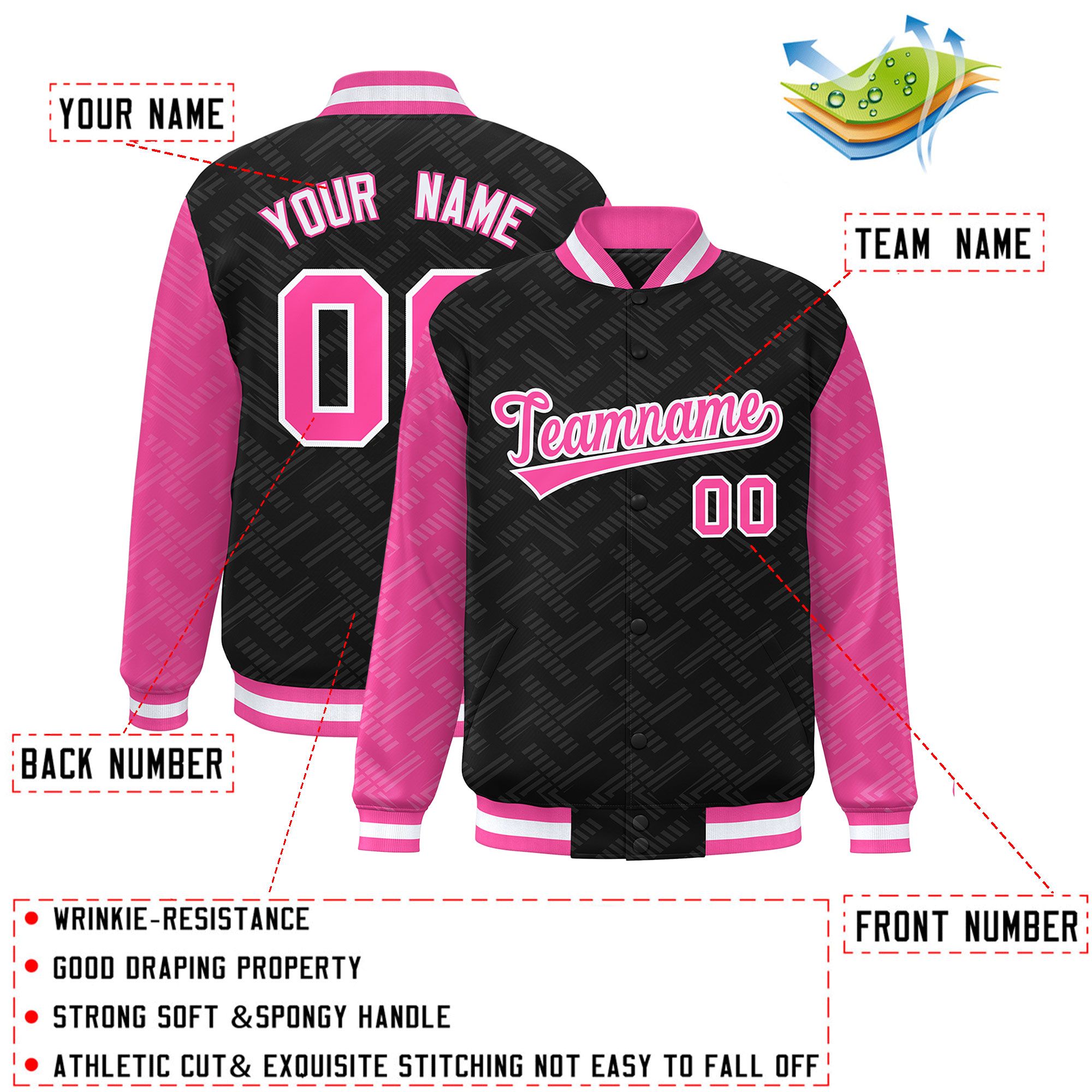 Custom Black Pink L Pattern Varsity Raglan Sleeves Full-Snap Letterman Baseball Jacket