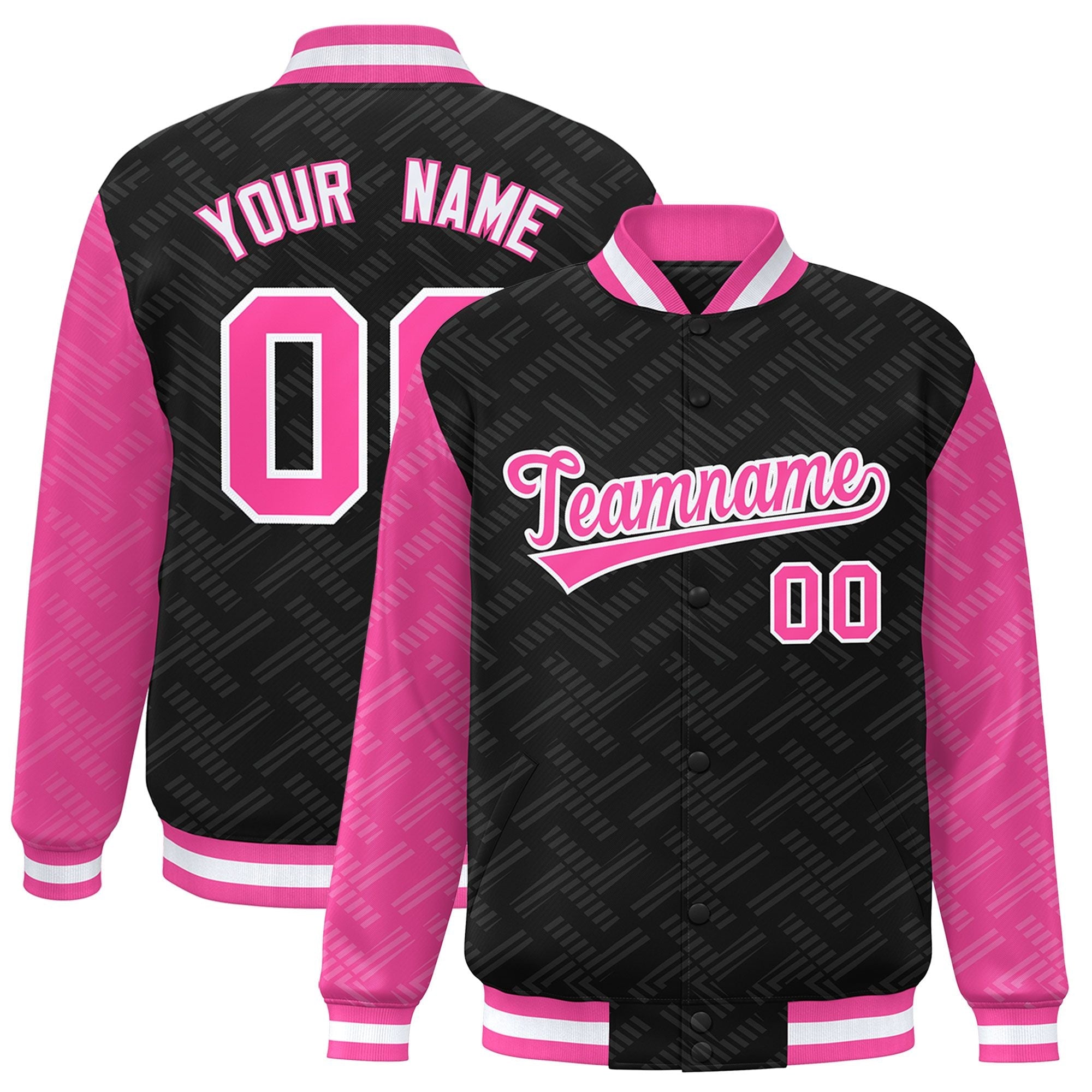 Custom Black Pink L Pattern Varsity Raglan Sleeves Full-Snap Letterman Baseball Jacket