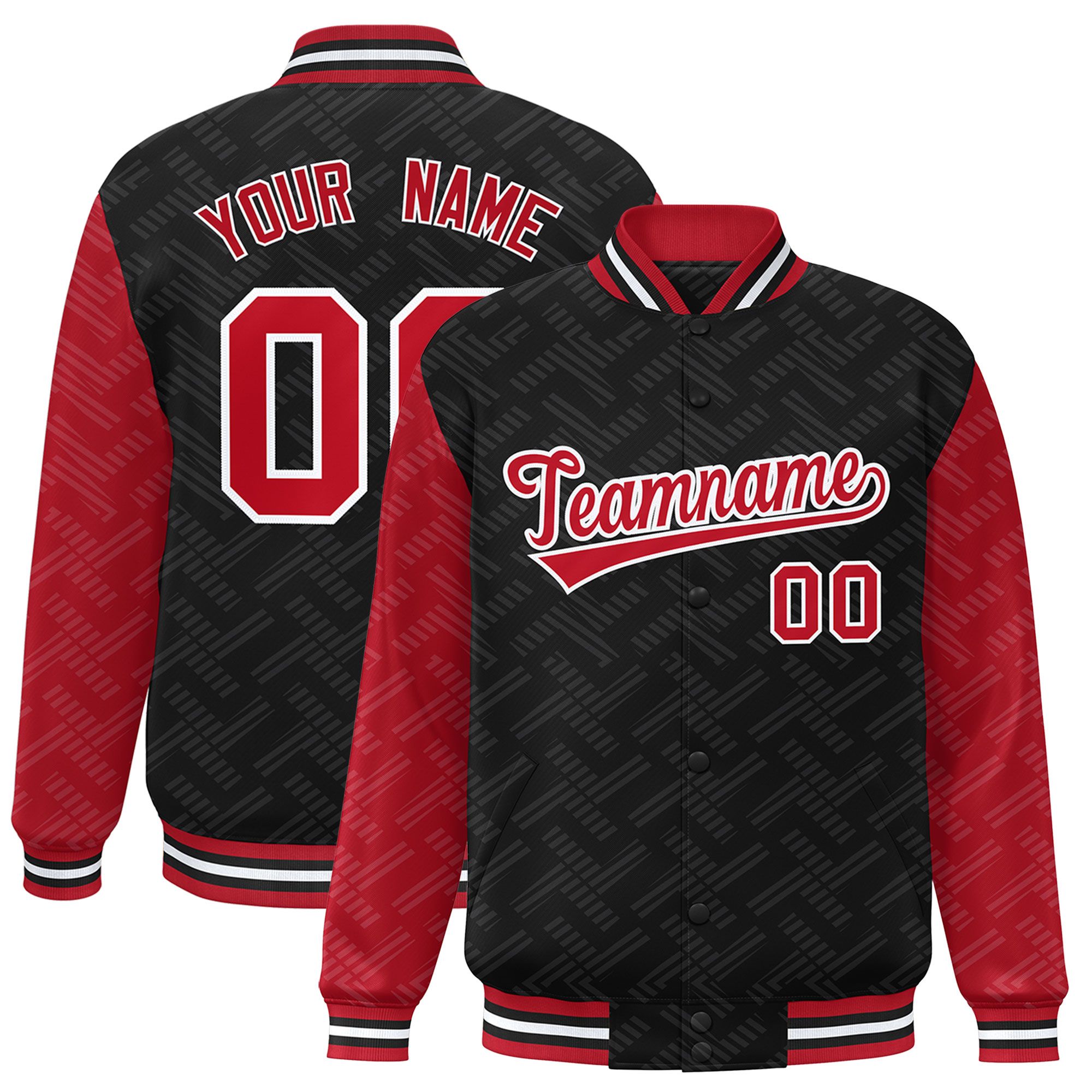 Custom Black Red L Pattern Varsity Raglan Sleeves Full-Snap Letterman Baseball Jacket