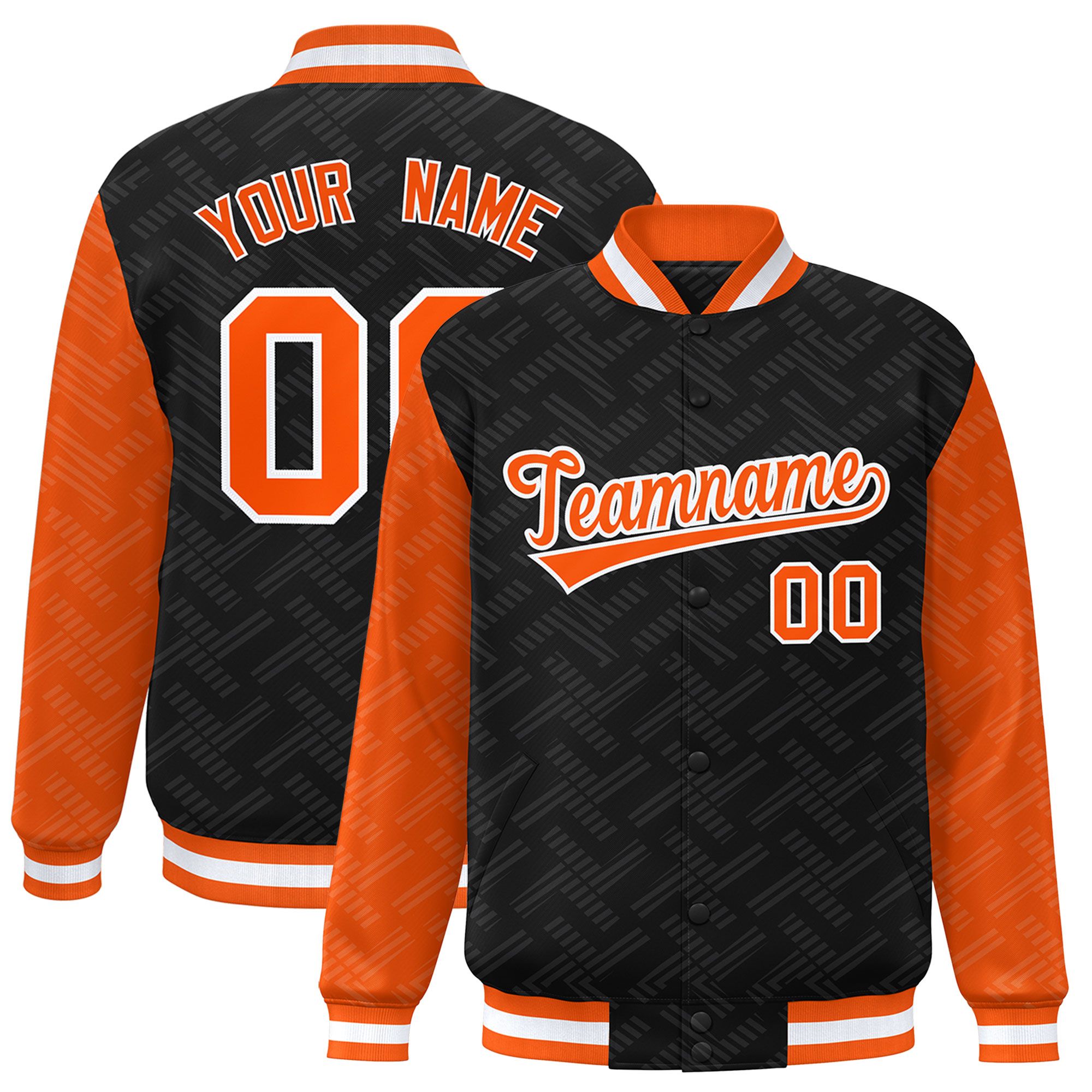 Custom Black Orange L Pattern Varsity Raglan Sleeves Full-Snap Letterman Baseball Jacket