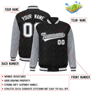 Custom Black Gray L Pattern Varsity Raglan Sleeves Full-Snap Letterman Baseball Jacket