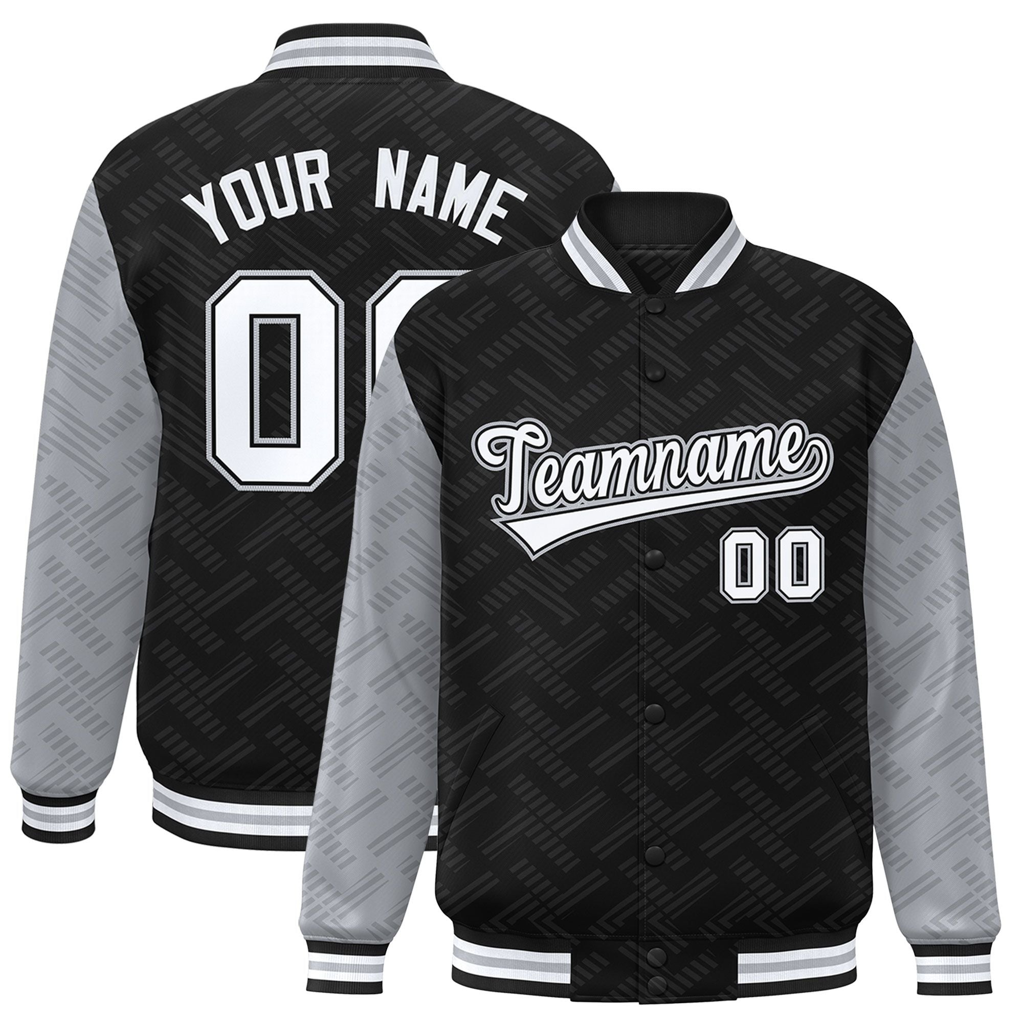 Custom Black Gray L Pattern Varsity Raglan Sleeves Full-Snap Letterman Baseball Jacket