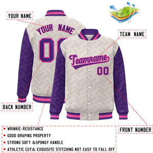 Custom Cream Purple L Pattern Varsity Raglan Sleeves Full-Snap Letterman Baseball Jacket