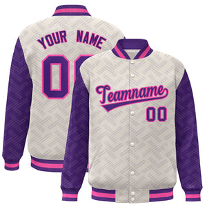 Custom Cream Purple L Pattern Varsity Raglan Sleeves Full-Snap Letterman Baseball Jacket