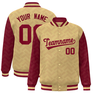 Custom Khaki Crimson L Pattern Varsity Raglan Sleeves Full-Snap Letterman Baseball Jacket