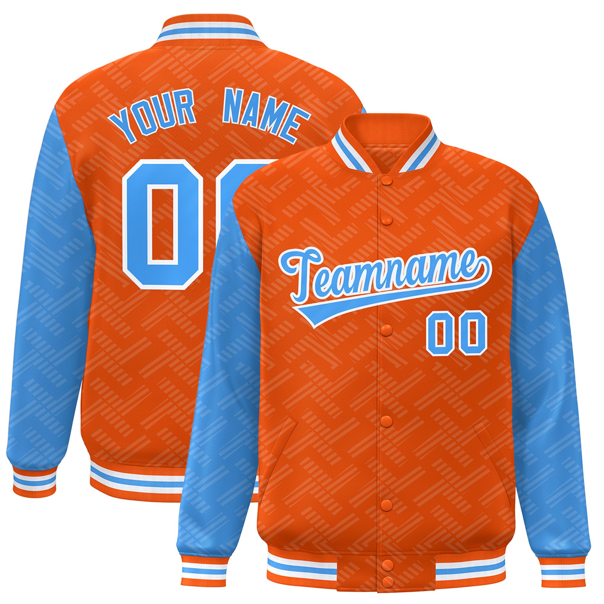 Custom Orange Powder Blue L Pattern Varsity Raglan Sleeves Full-Snap Letterman Baseball Jacket