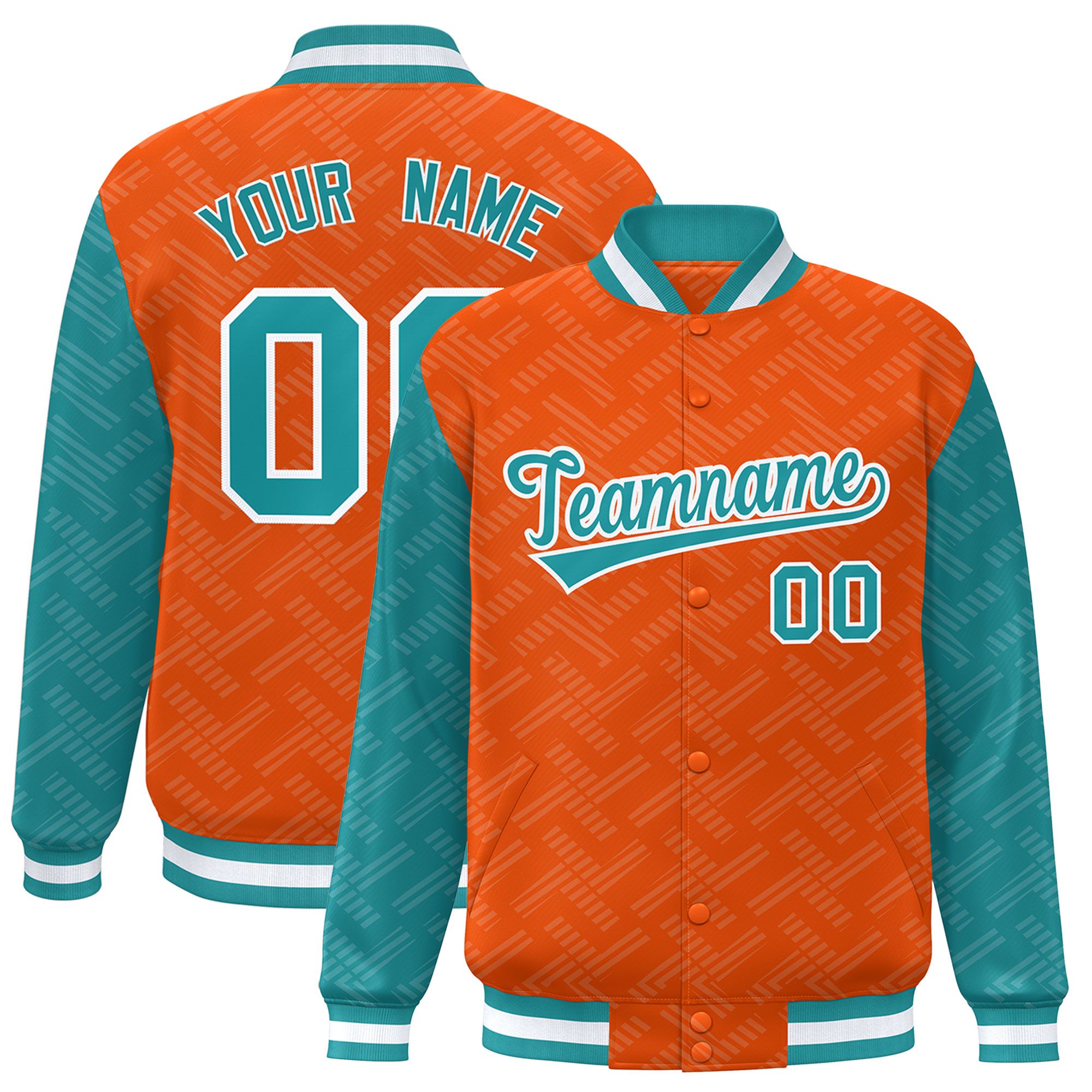 Custom Orange Aqua L Pattern Varsity Raglan Sleeves Full-Snap Letterman Baseball Jacket