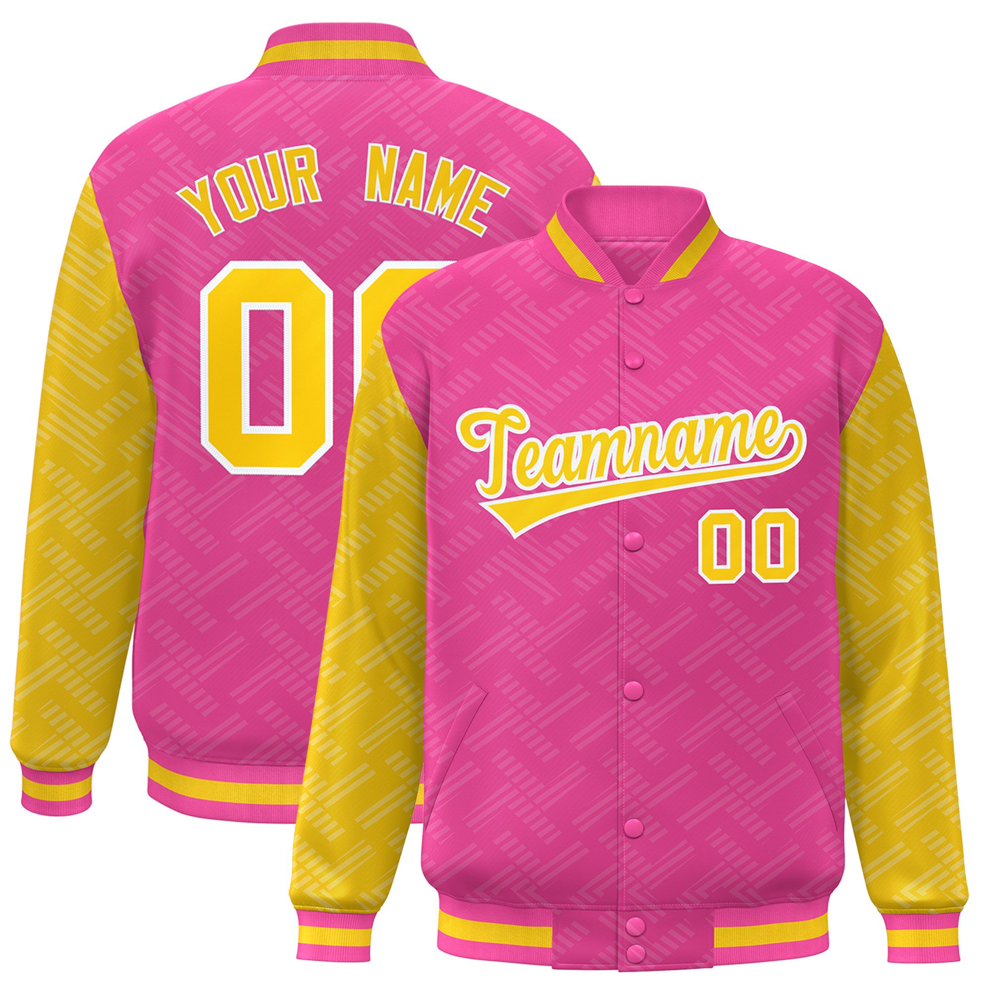 Custom Pink Gold L Pattern Varsity Raglan Sleeves Full-Snap Letterman Baseball Jacket