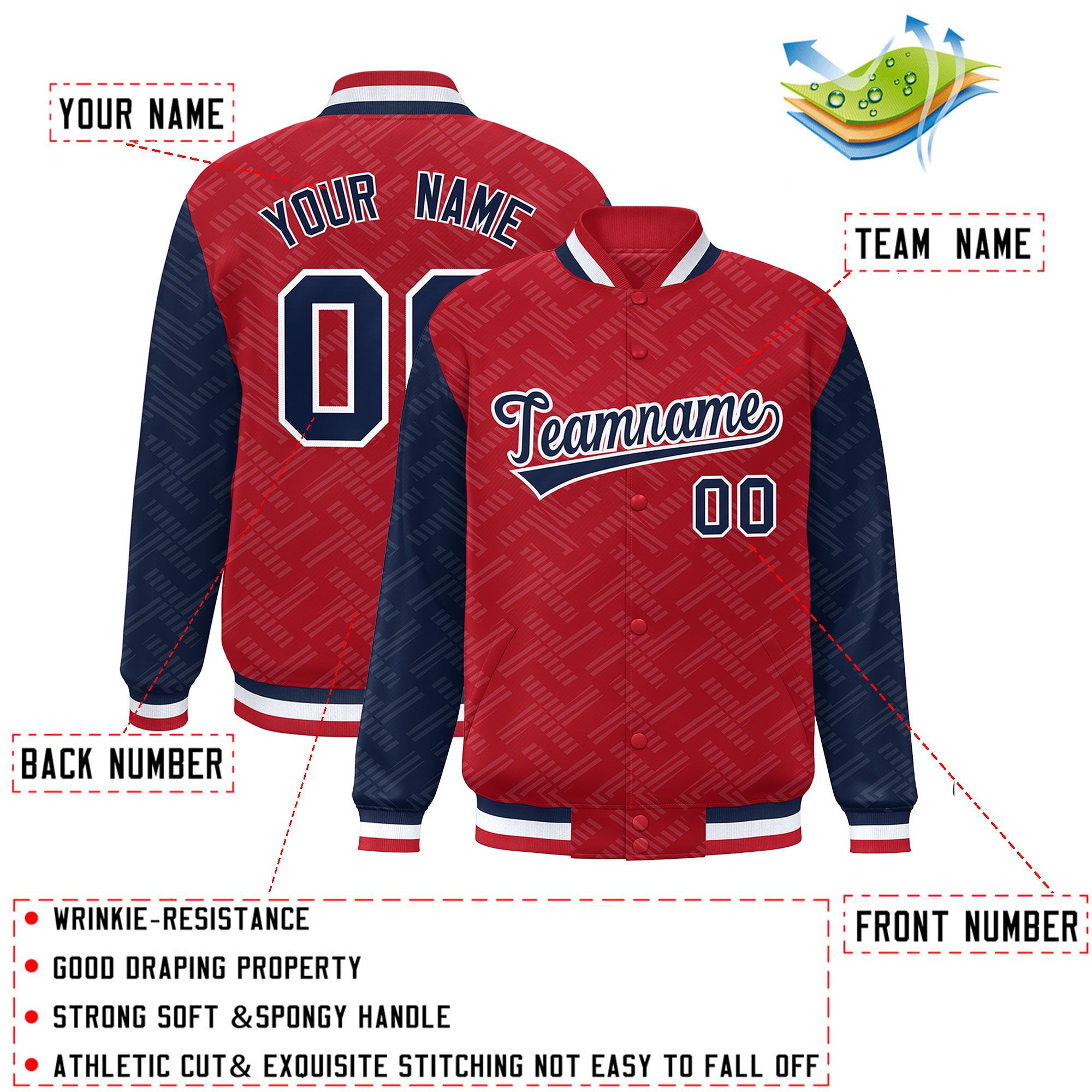 Custom Red Navy L Pattern Varsity Raglan Sleeves Full-Snap Letterman Baseball Jacket