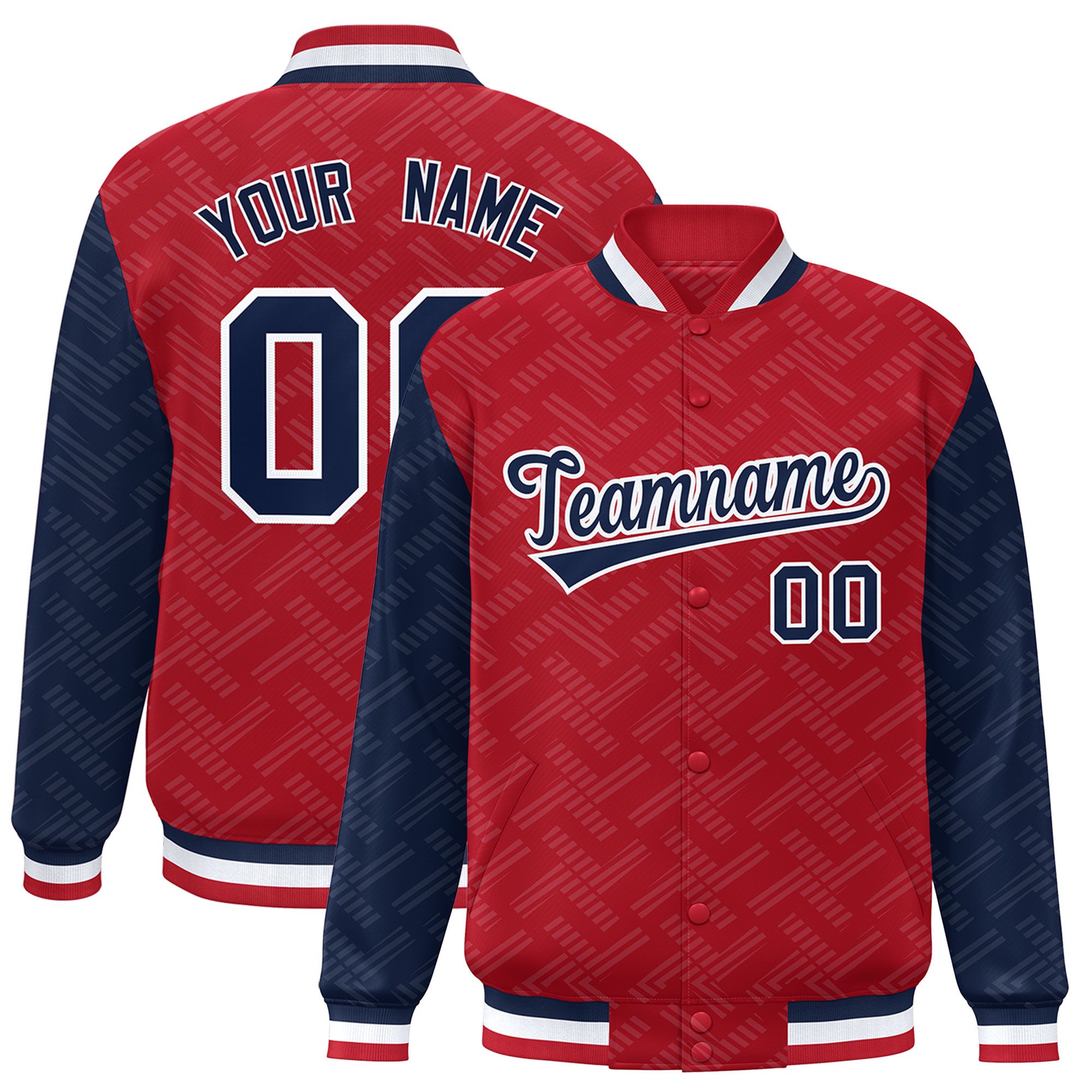 Custom Red Navy L Pattern Varsity Raglan Sleeves Full-Snap Letterman Baseball Jacket