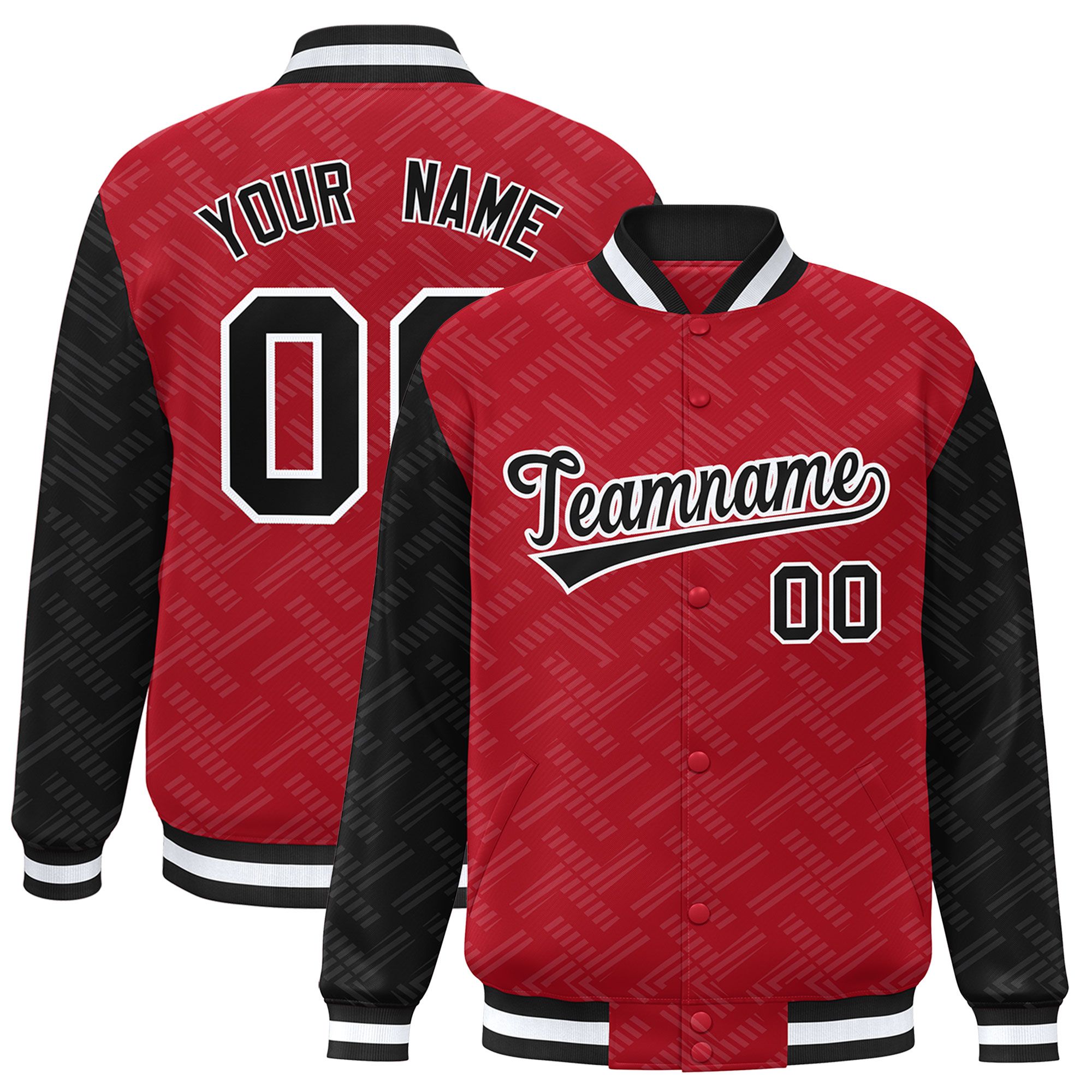 Custom Red Black L Pattern Varsity Raglan Sleeves Full-Snap Letterman Baseball Jacket