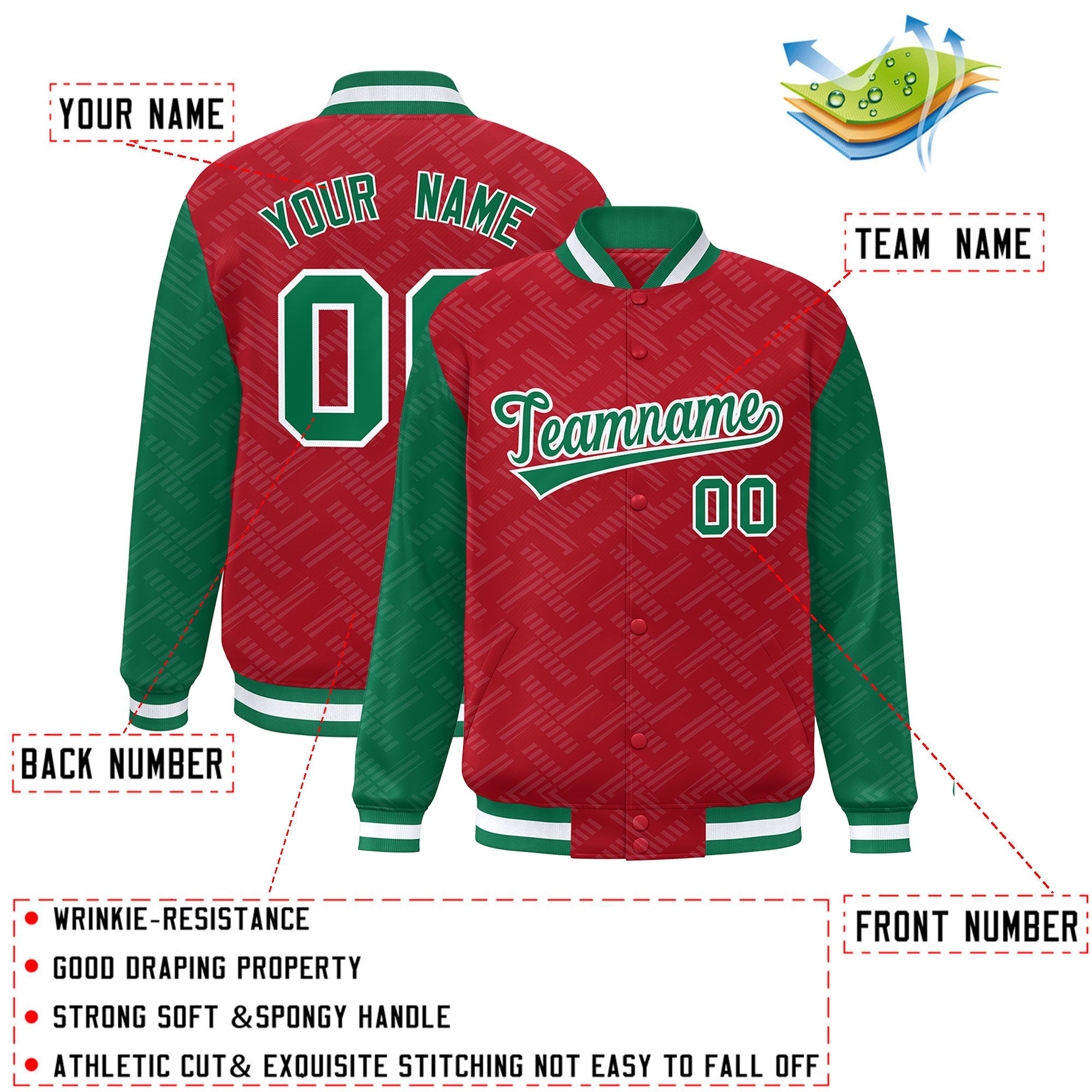 Custom Red Kelly Green L Pattern Varsity Raglan Sleeves Full-Snap Letterman Baseball Jacket