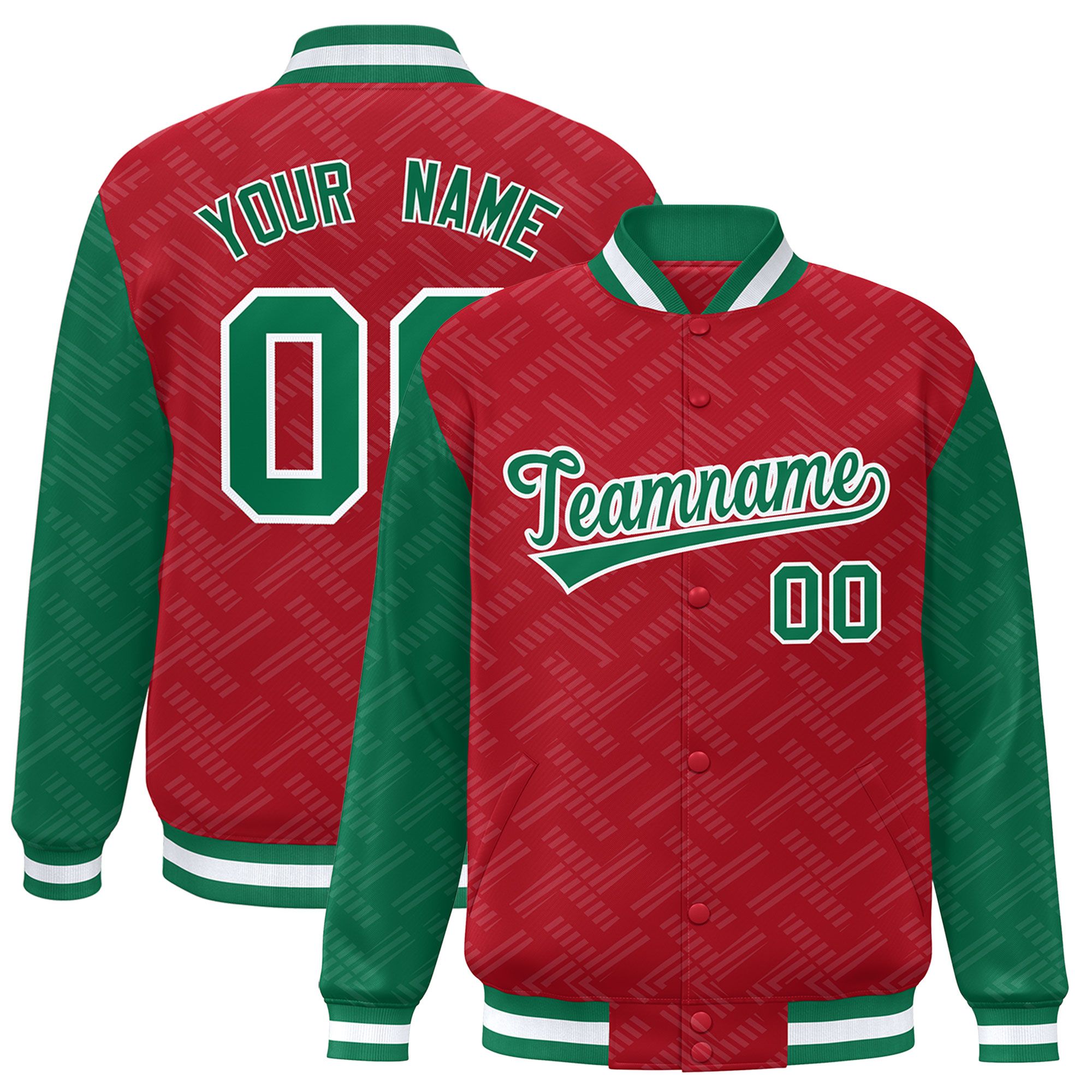 Custom Red Kelly Green L Pattern Varsity Raglan Sleeves Full-Snap Letterman Baseball Jacket