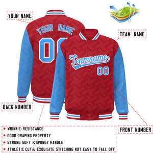 Custom Red Powder Blue L Pattern Varsity Raglan Sleeves Full-Snap Letterman Baseball Jacket