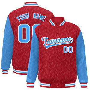 Custom Red Powder Blue L Pattern Varsity Raglan Sleeves Full-Snap Letterman Baseball Jacket