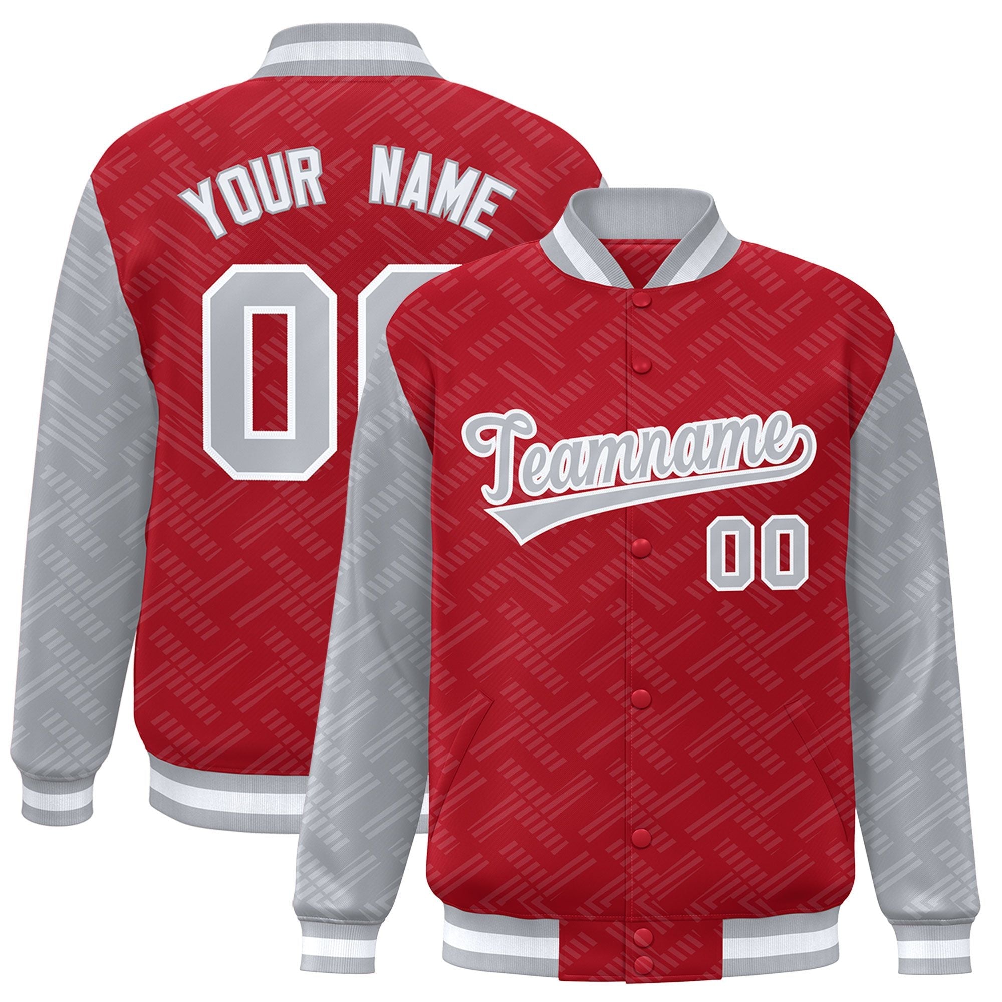 Custom Red Gray L Pattern Varsity Raglan Sleeves Full-Snap Letterman Baseball Jacket