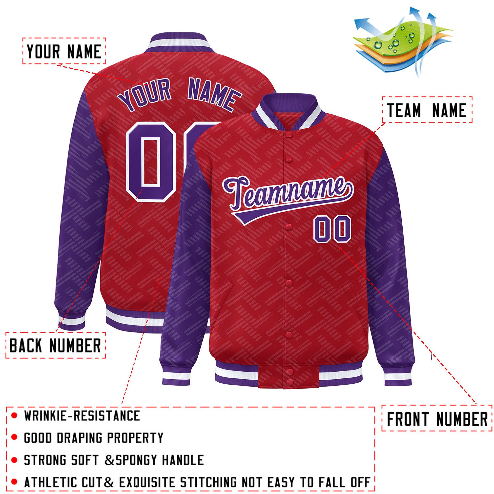 Custom Red Purple L Pattern Varsity Raglan Sleeves Full-Snap Letterman Baseball Jacket