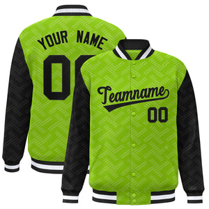 Custom Neon Green Black L Pattern Varsity Raglan Sleeves Full-Snap Letterman Baseball Jacket