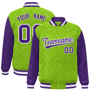 Custom Neon Green Purple L Pattern Varsity Raglan Sleeves Full-Snap Letterman Baseball Jacket