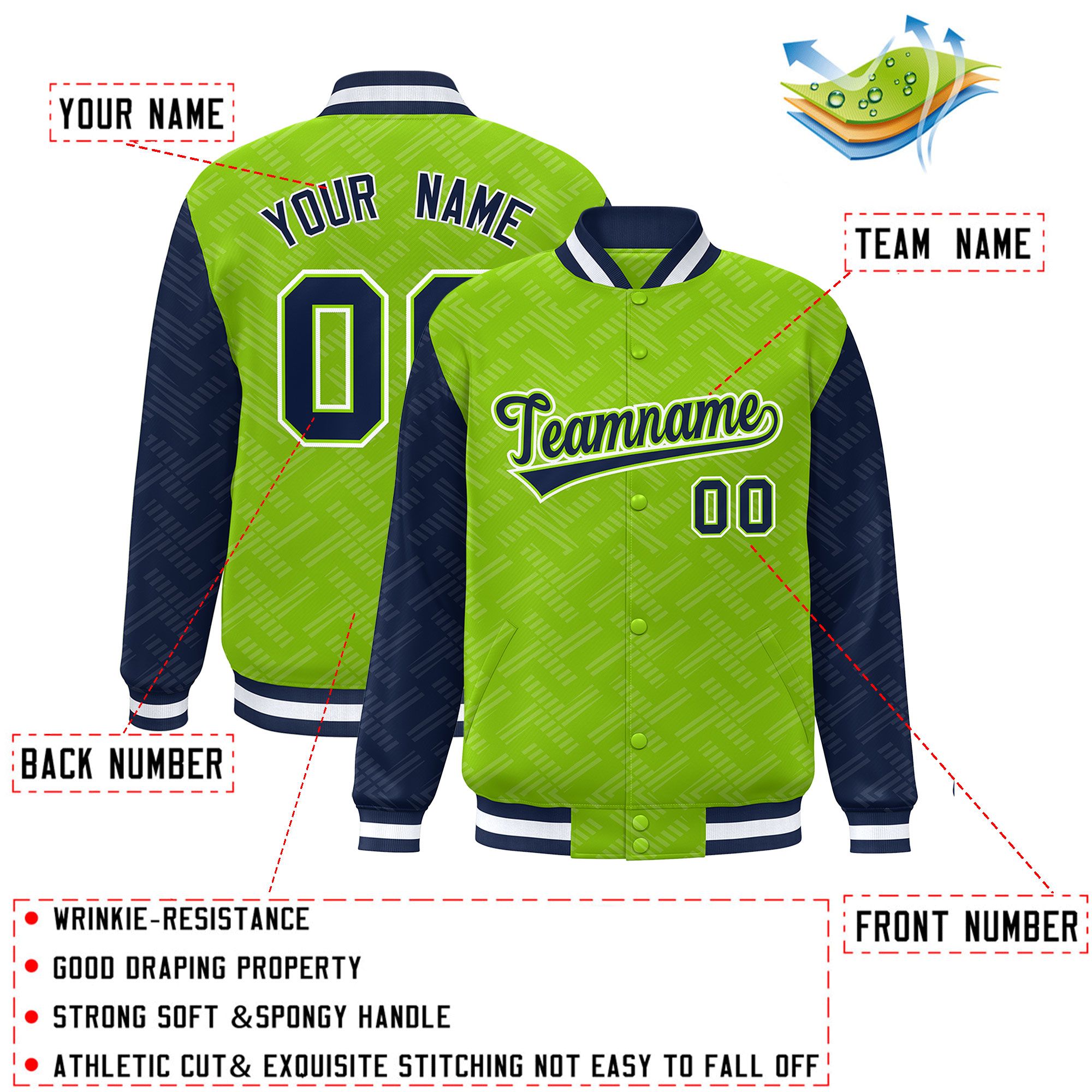 Custom Neon Green Navy L Pattern Varsity Raglan Sleeves Full-Snap Letterman Baseball Jacket